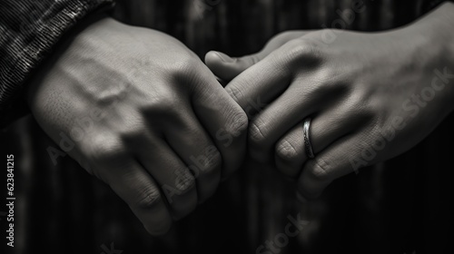 elegant photograph of a couple's hands intertwined showcasing their wedding rings 