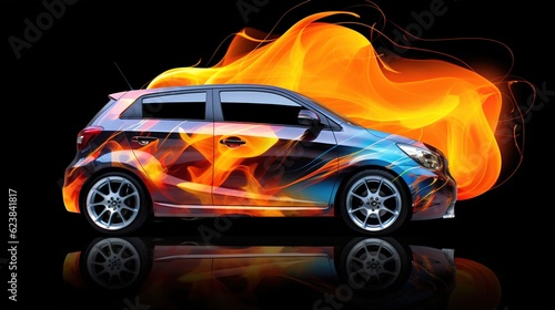 Car with airbrushing and neon lights on a dark background. AI generation