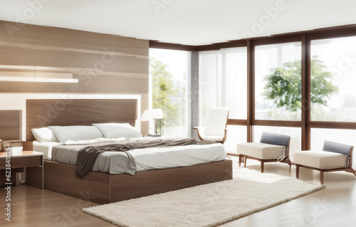Interior of modern bedroom with wooden walls wooden floor wooden wardrobe and comfortable bed