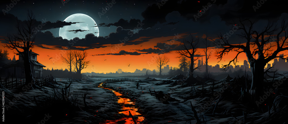 there is a dark orange night over a swamp Generated by AI