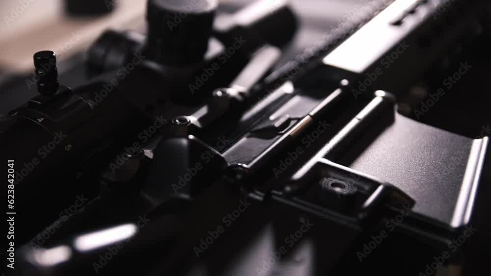 AP-15 close-up, lying on a table with a telescopic sight AP-15 close-up, lying on a table with a telescopic sight