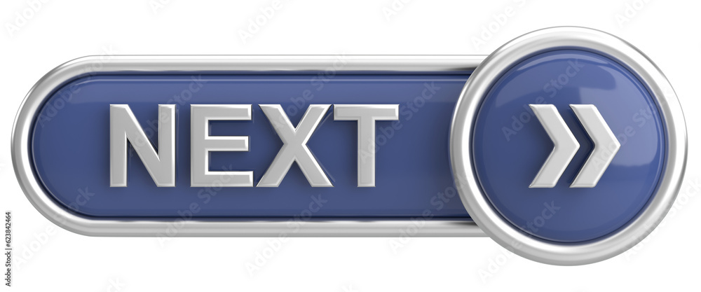 Next button. Continue button. 3D illustration. Next button. Continue button. 3D illustration.