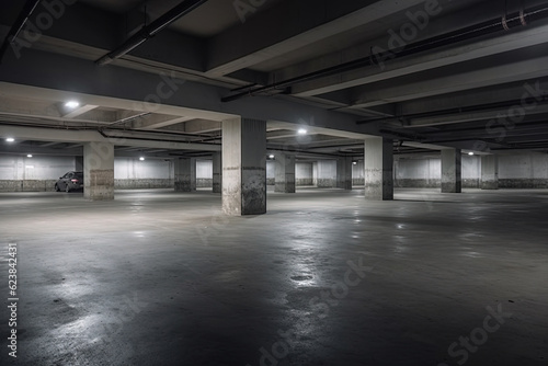 Empty underground garage in an apartments building or supermarket. Underground garage or modern parking lot with lots of places for vehicles, created with Generative AI
