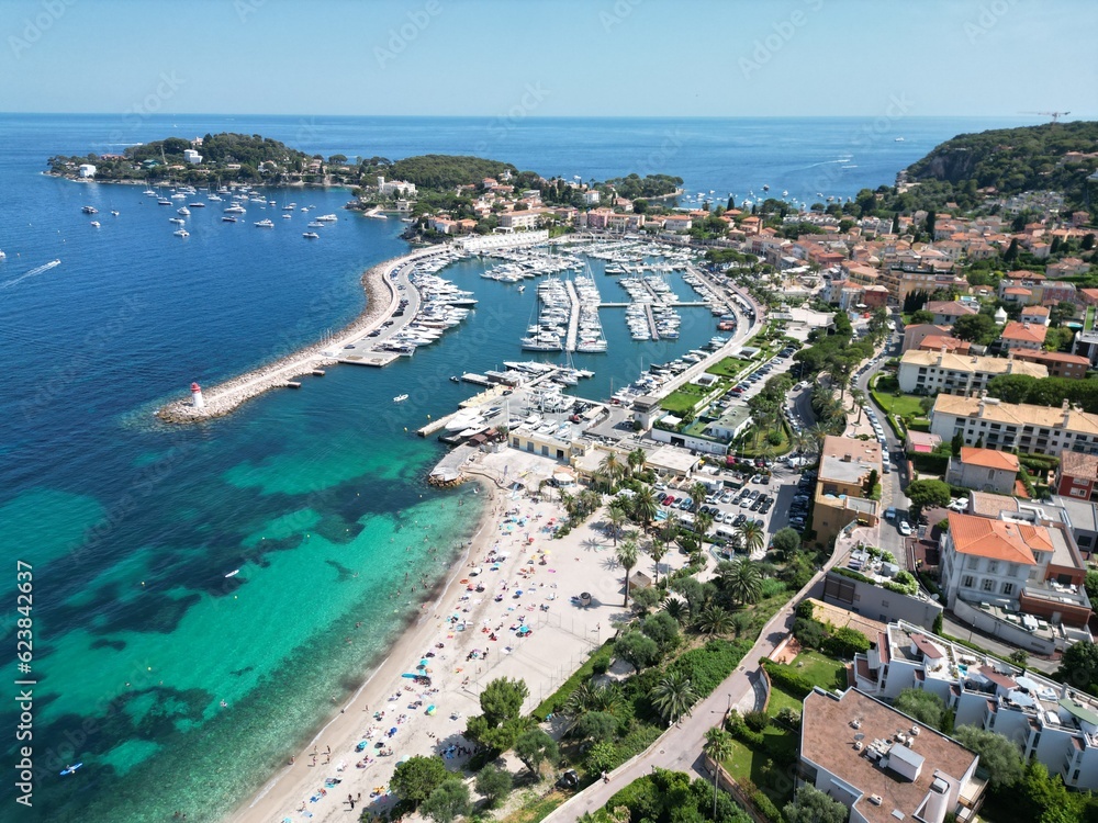  Beaulieu sur mer France high angle drone,aerial marina waterfront and town.
