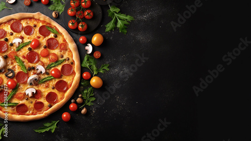 traditional Italian pepperoni pizza with vegetables on a dark metal background. Pizza menu. Top view. Space for text