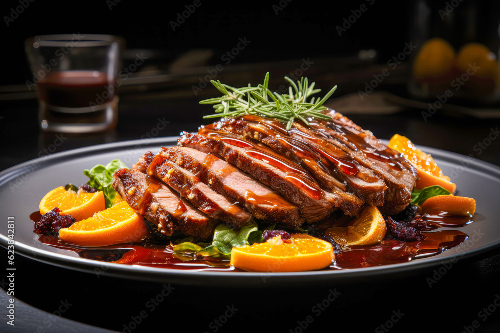 Duck à l'Orange, roasted duck served on an elegant restautrant plate, with a tangy orange sauce, creating a perfect balance of sweet and savory flavors Duck à l'Orange, roasted duck served on an elegant restautrant plate, with a tangy orange sauce, creating a perfect balance of sweet and savory flavors
