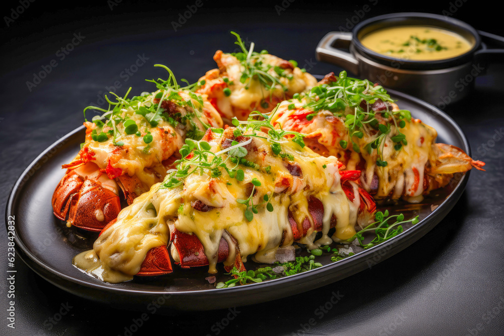Lobster Thermidor, a lobster cut lengthwise cooked in a creamy sauce topped with cheese broiled until golden brown and served with truffle butter Lobster Thermidor, a lobster cut lengthwise cooked in a creamy sauce topped with cheese broiled until golden brown and served with truffle butter
