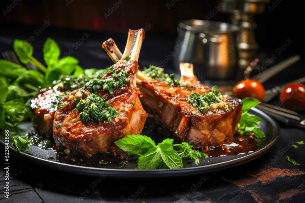 Rack of lamb, tender and succulent lamb chops seasoned with herbs and spices and served with a side of mint jelly and a red wine reduction Rack of lamb, tender and succulent lamb chops seasoned with herbs and spices and served with a side of mint jelly and a red wine reduction
