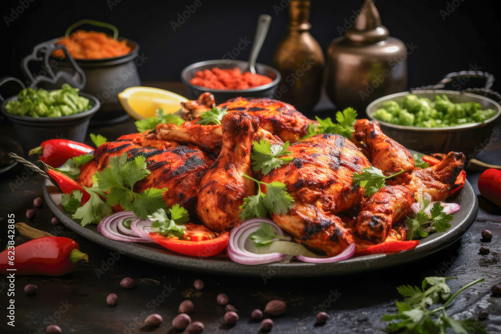 Tandoori chicken, a Indian chicken dish marinated in yogurt and spices, roasted in a tandoori oven, served on a restaurant plate with vegetables Tandoori chicken, a Indian chicken dish marinated in yogurt and spices, roasted in a tandoori oven, served on a restaurant plate with vegetables