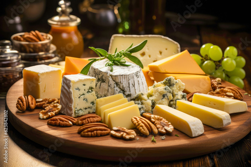 Cheese board, selection of cheeses on a beautifully decorated wooden board ready for serving in a fine restaurant photo