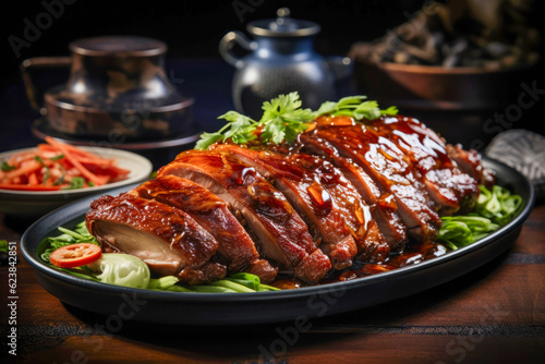Peking Duck, a roasted duck with crispy skin and succulent meat, served with scallions and hoisin sauce