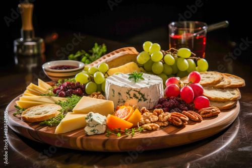 Restaurant platter with cheeses, eleganttly served with pecans and grapes, ready to be served in a restaurant