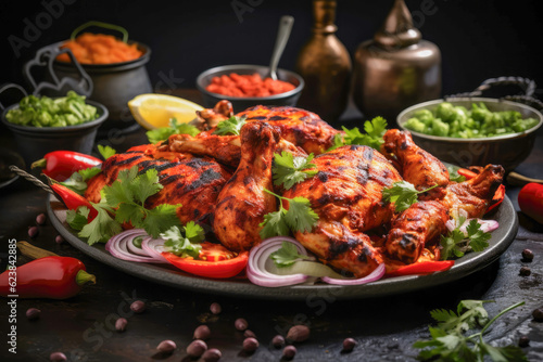 Tandoori chicken, a Indian chicken dish marinated in yogurt and spices, roasted in a tandoori oven, served on a restaurant plate with vegetables