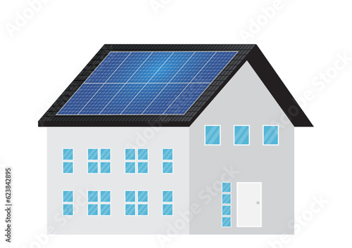 House With Solar Panel on Roof. Solar Energy and Renewable Energy Sources. Clean and Green Energy. Vector Illustration. 