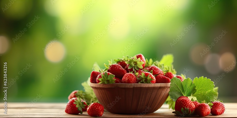 Bowl juicy pile of red strawberries on wooden table on blur forest background with copy space