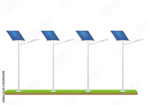 Solar Power Energy Lamp Post. Solar Panel Street Lamp Post. Lamp Post with Solar Panel. Vector Illustration Isolated on White Background. 