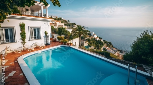 Traditional Mediterranean white house with pool and stunning sea view generative ai