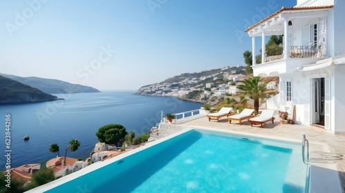 Traditional Mediterranean white house with pool and stunning sea view generative ai © tanjidvect
