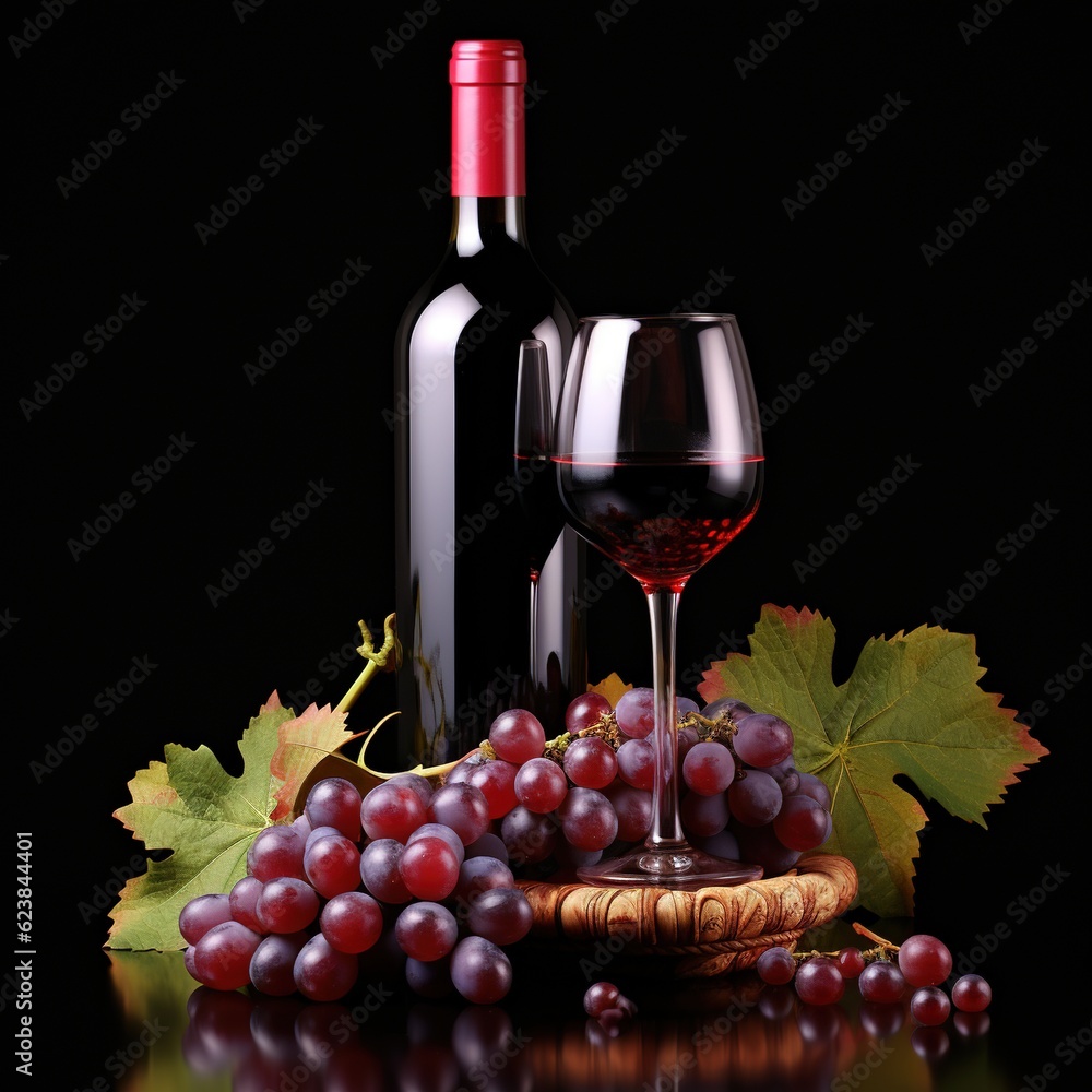Bottle and glass of wine and some grapes on a black background