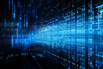 Blue digital binary data on computer screen background