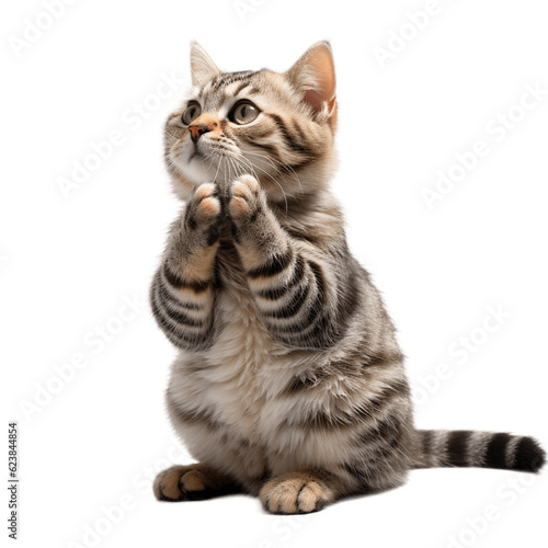 Cute can begging with its paws while looking up. No background 