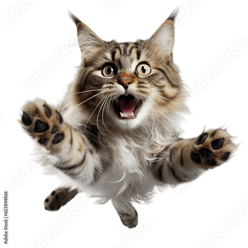 Jumping cat. Midair shot. No background