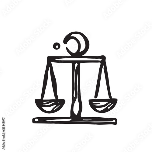 Black and white vector illustration with vintage scales in doodle style. Star sign libra illustration. Delicate details and harmonious symmetry evoke Libra's love for beauty and harmony.