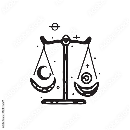 Black and white vector illustration with vintage scales in doodle style. Star sign libra illustration. Delicate details and harmonious symmetry evoke Libra's love for beauty and harmony.