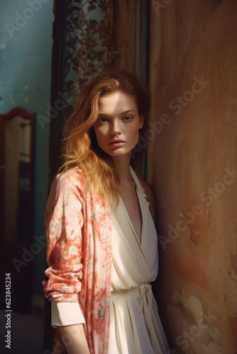 portrait of a woman/model/book character in small street in summer with sunlight/shadows in a fashion/beauty editorial magazine style film photography look - generative ai art