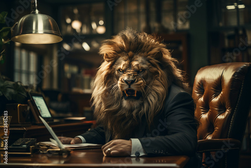 Obraz na płótnie Angry agressive male lion in expensive formal suit, the king of beasts with mane, the big boss is sitting in a luxurious chair in the office room