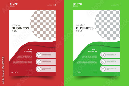Set of scarlet red and lime green accented editable vector flyers .