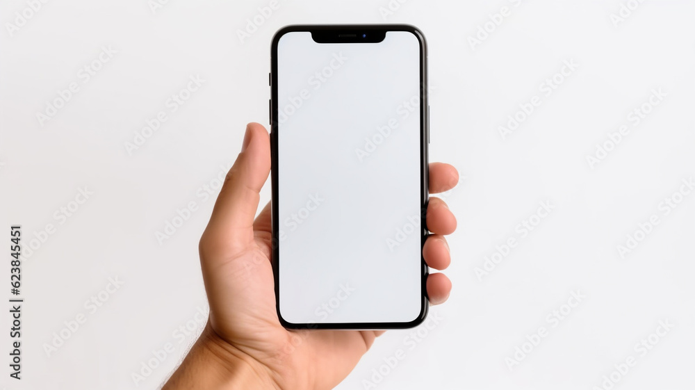 Hand holding a smart phone. Created with Generative AI Hand holding a smart phone. Created with Generative AI