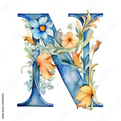Colorful Floral Watercolor Alphabet Letters. Letter N. Isolated on white background. Generative AI Digital Illustration.
