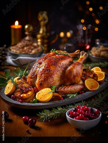 Roasted Turkey on Christmas Dinner Table. Created with Generative AI