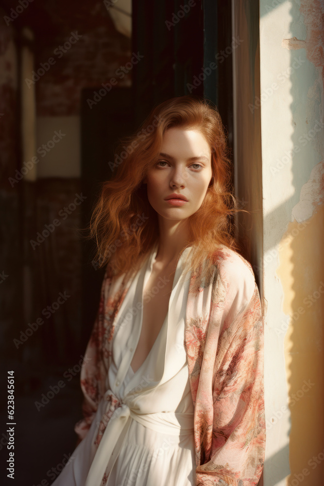 portrait of a woman/model/book character standing by a window in warm daylight with a thoughtful/sad expression in a fashion/beauty editorial magazine style film photography look - generative ai art portrait of a woman/model/book character standing by a window in warm daylight with a thoughtful/sad expression in a fashion/beauty editorial magazine style film photography look - generative ai art