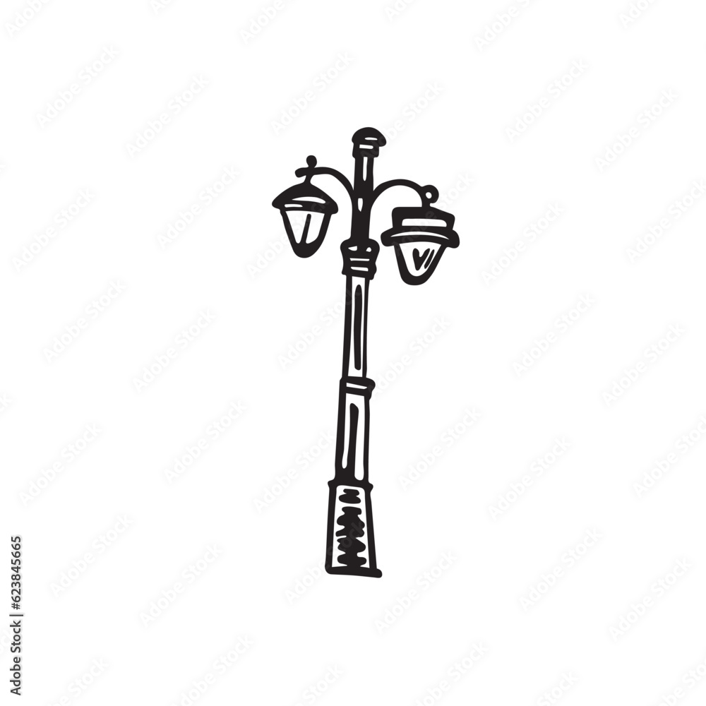 Cast a warm and nostalgic glow with this vintage street light doodle. Let its timeless charm illuminate memories of days gone by. Vector black and white illustration of a street lantern. Cast a warm and nostalgic glow with this vintage street light doodle. Let its timeless charm illuminate memories of days gone by. Vector black and white illustration of a street lantern.