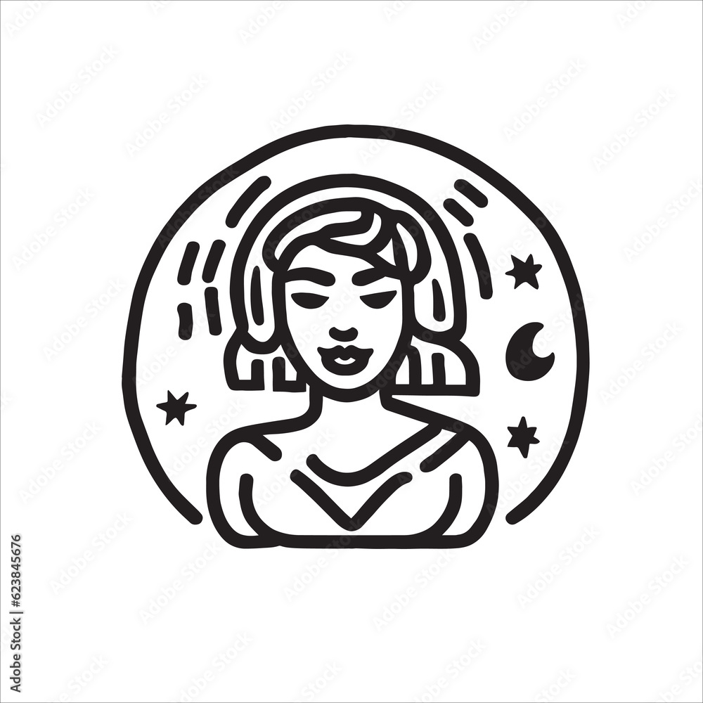 Black and white vector illustration of a girl in doodle style. Hand drawn minimalistic illustration. Star and planet side by side of girl symbolizing astrology and stargazing. Black and white vector illustration of a girl in doodle style. Hand drawn minimalistic illustration. Star and planet side by side of girl symbolizing astrology and stargazing.