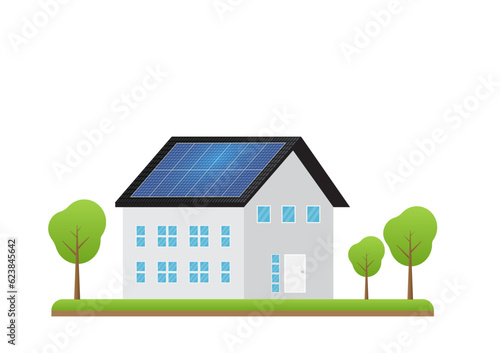 House With Solar Panel on Roof. Solar Energy and Renewable Energy Sources. Clean and Green Energy. Vector Illustration. 