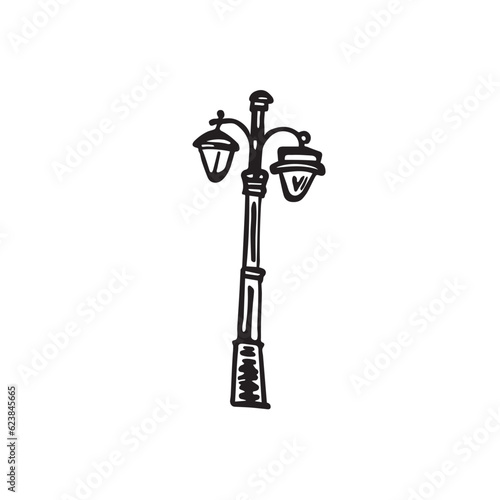 Cast a warm and nostalgic glow with this vintage street light doodle. Let its timeless charm illuminate memories of days gone by. Vector black and white illustration of a street lantern.