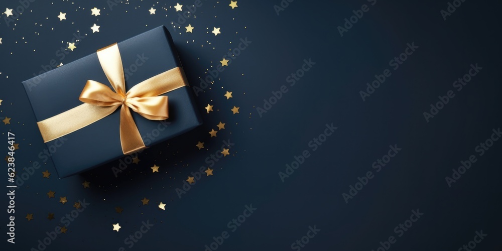 Gift box with golden ribbon, top view on navy background Gift box with golden ribbon, top view on navy background