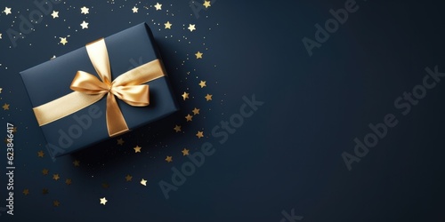 Gift box with golden ribbon  top view on navy background