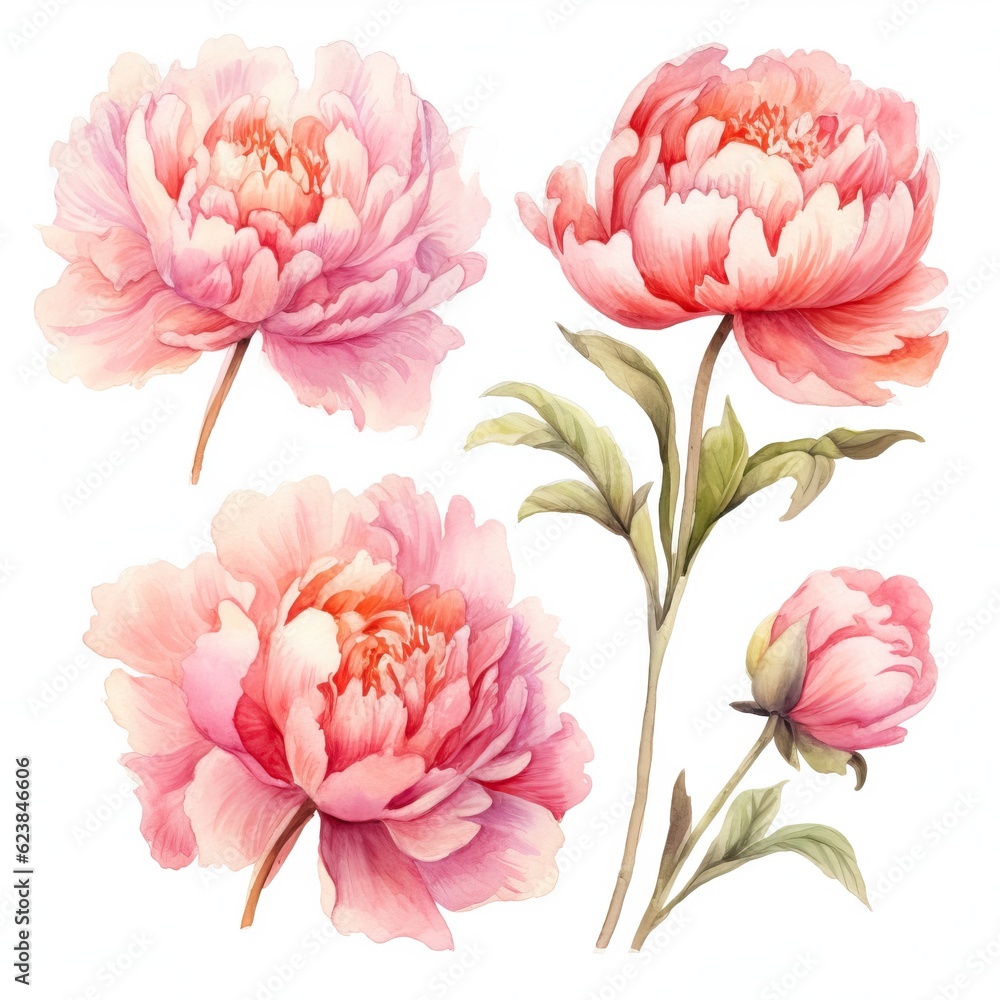 Fototapeta premium Set of Watercolor Peony Flowers on White Background AI Generated