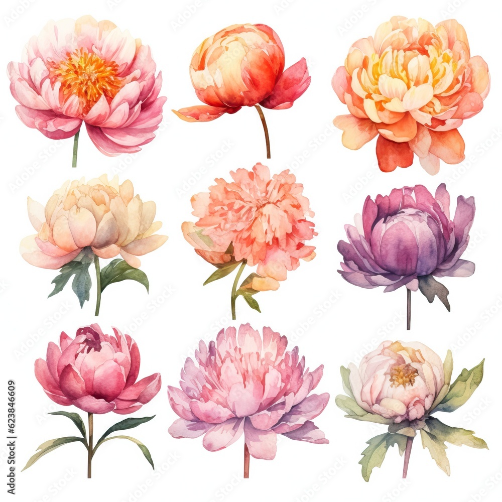 Vibrant Watercolor Peonies on White Background AI Generated