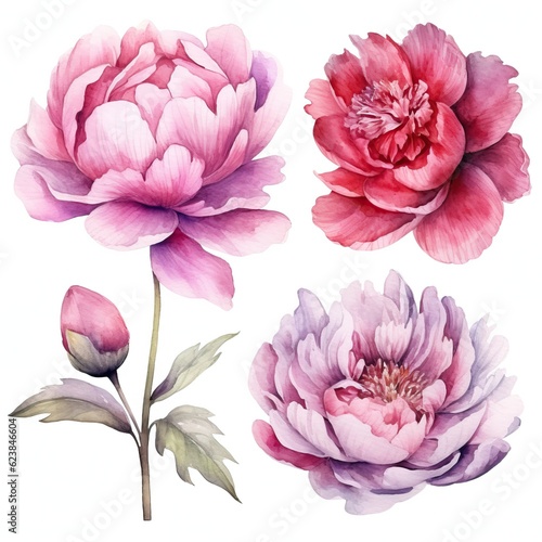 Set of Watercolor Peony Flowers on White Background AI Generated