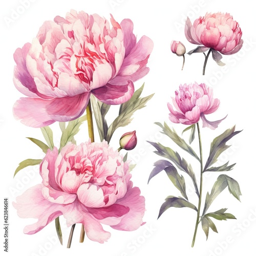 Vibrant Watercolor Peonies on White Background AI Generated