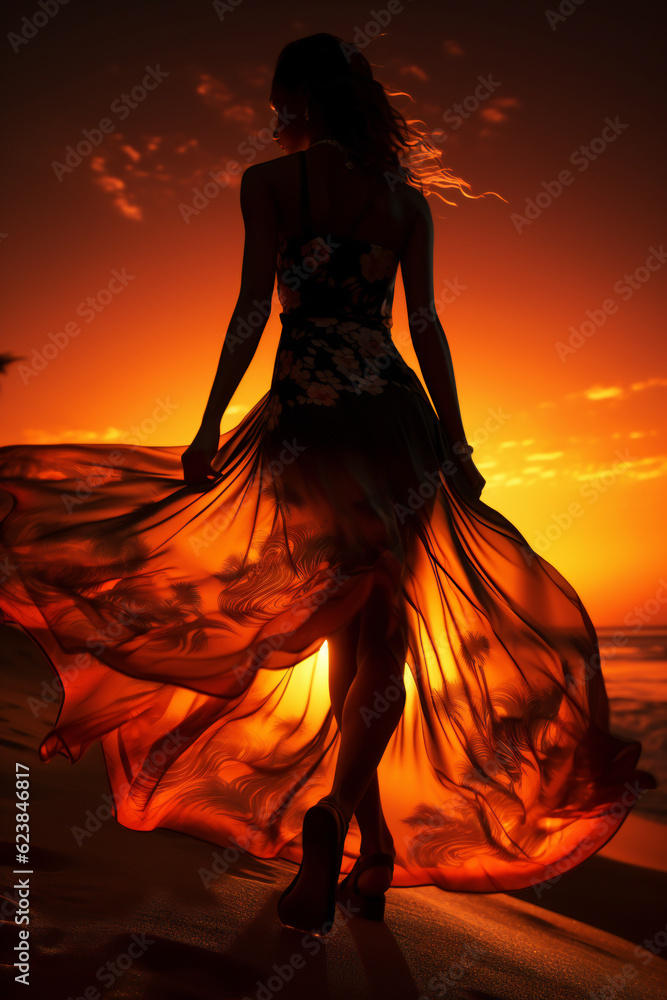 Woman in Sheer Dress on Beach at Sunset