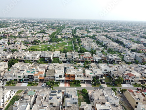 Photography Top view of Lahore city with drone in the morning.