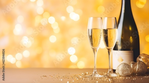 Deux coupes de champagne et une bouteille festive sur un fond pailleté 