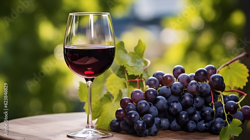 Un verre de vin rouge dans une vigne avec une grappe de raisin photo