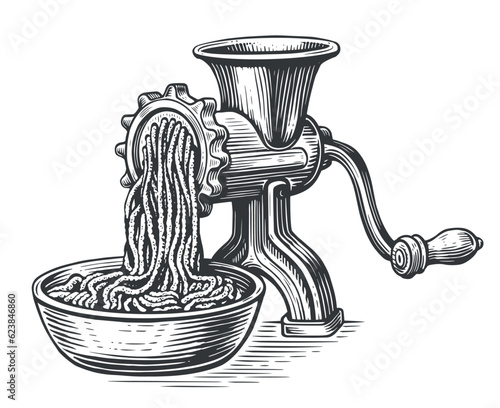 Forcemeat and meat grinder. Food concept. Sketch vintage vector illustration